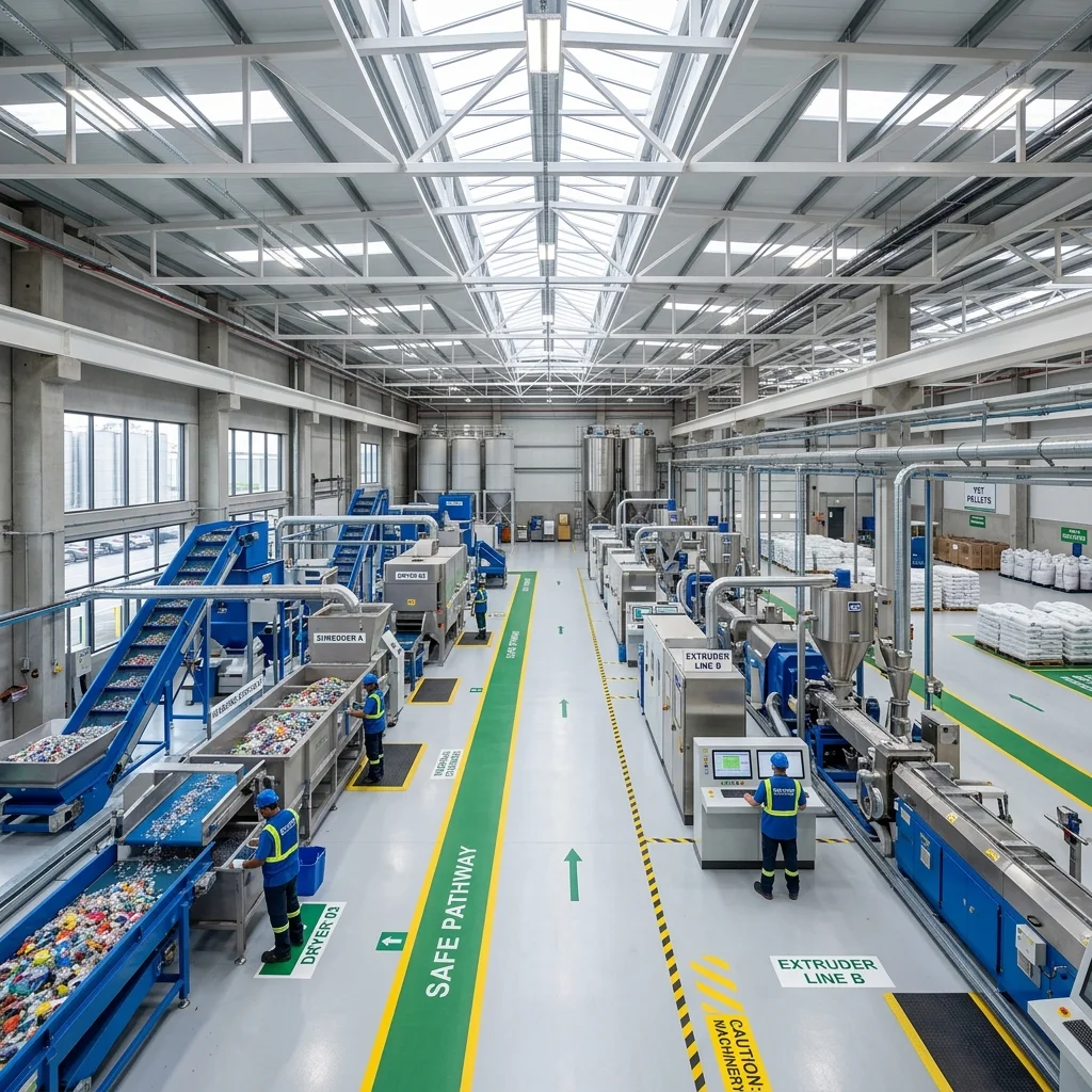 Interior of modern plastic extrusion and recycling plant